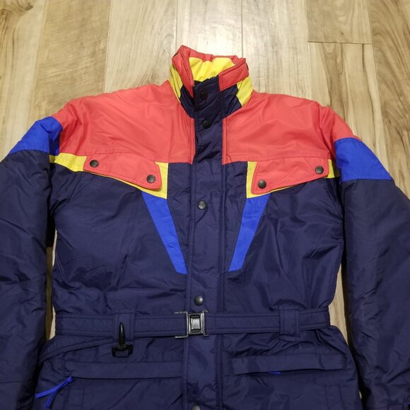Vintage Colorblock Ski Coat Parka M Mens Retro Streetwear Belted Jacket SASSON - Picture 2 of 11